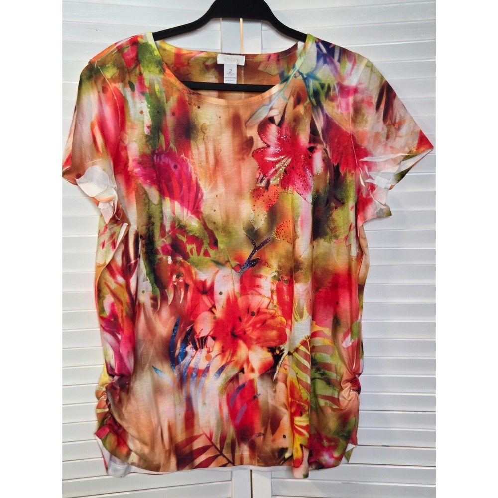Chico's Tropical Floral Ruched Side Top Size 2 Red Orange Watercolor Rhinestone